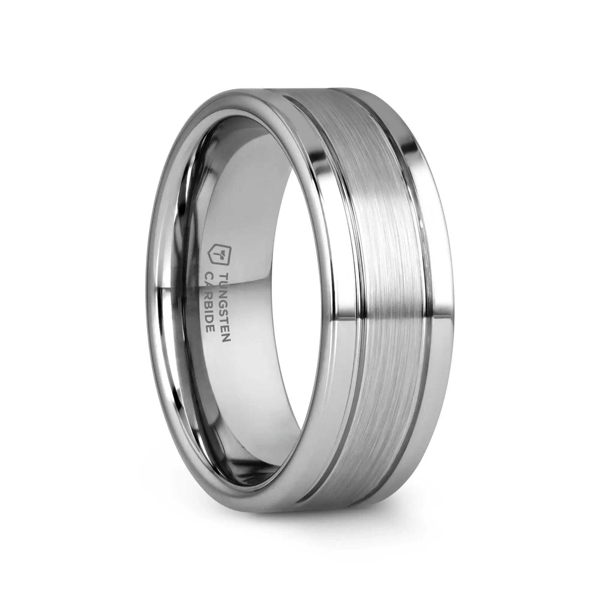 CHRONOS Flat with Offset Grooves Polished Edges and Satin Center Tungsten Band 6mm or 8mm