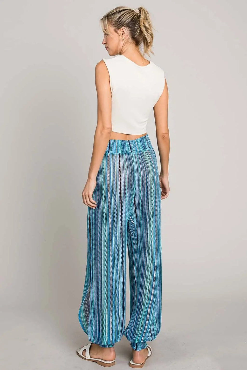Trendsi Cotton Bleu Striped Smocked Women's Cover Up Pants - Comfy & Lightweight
