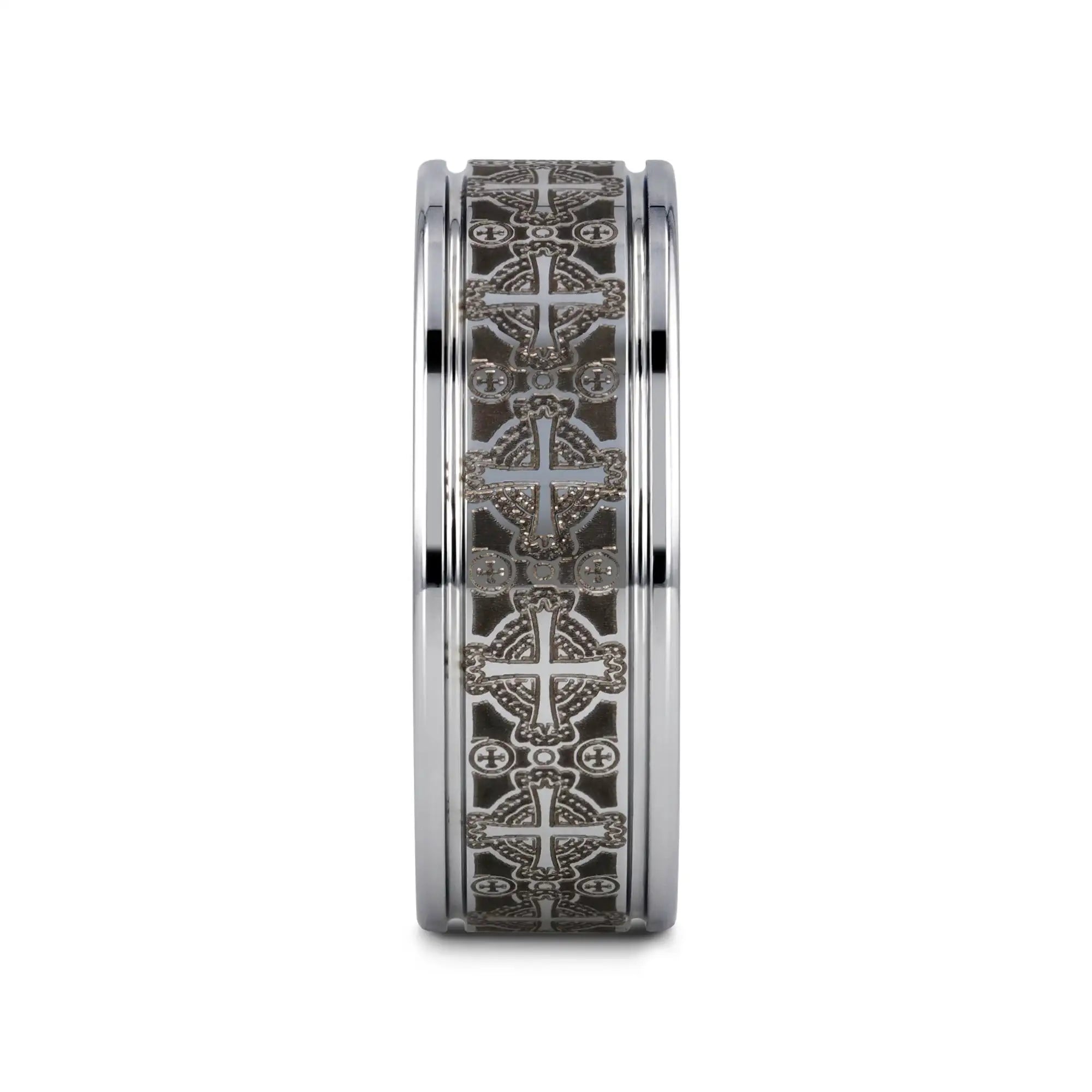 DEACON Flat Tungsten Ring Laser Engraved Celtic Crosses - 8mm