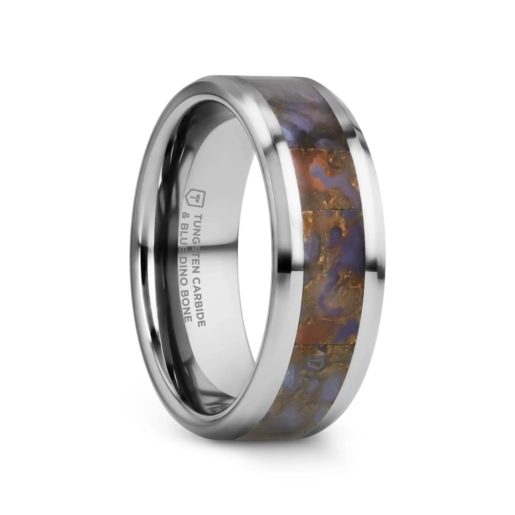 DEVONIAN Blue Dinosaur Bone Inlaid Tungsten Carbide Beveled Edged Ring - 4mm or 8mm