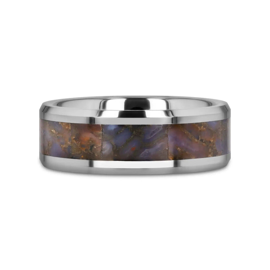 DEVONIAN Blue Dinosaur Bone Inlaid Tungsten Carbide Beveled Edged Ring - 4mm or 8mm