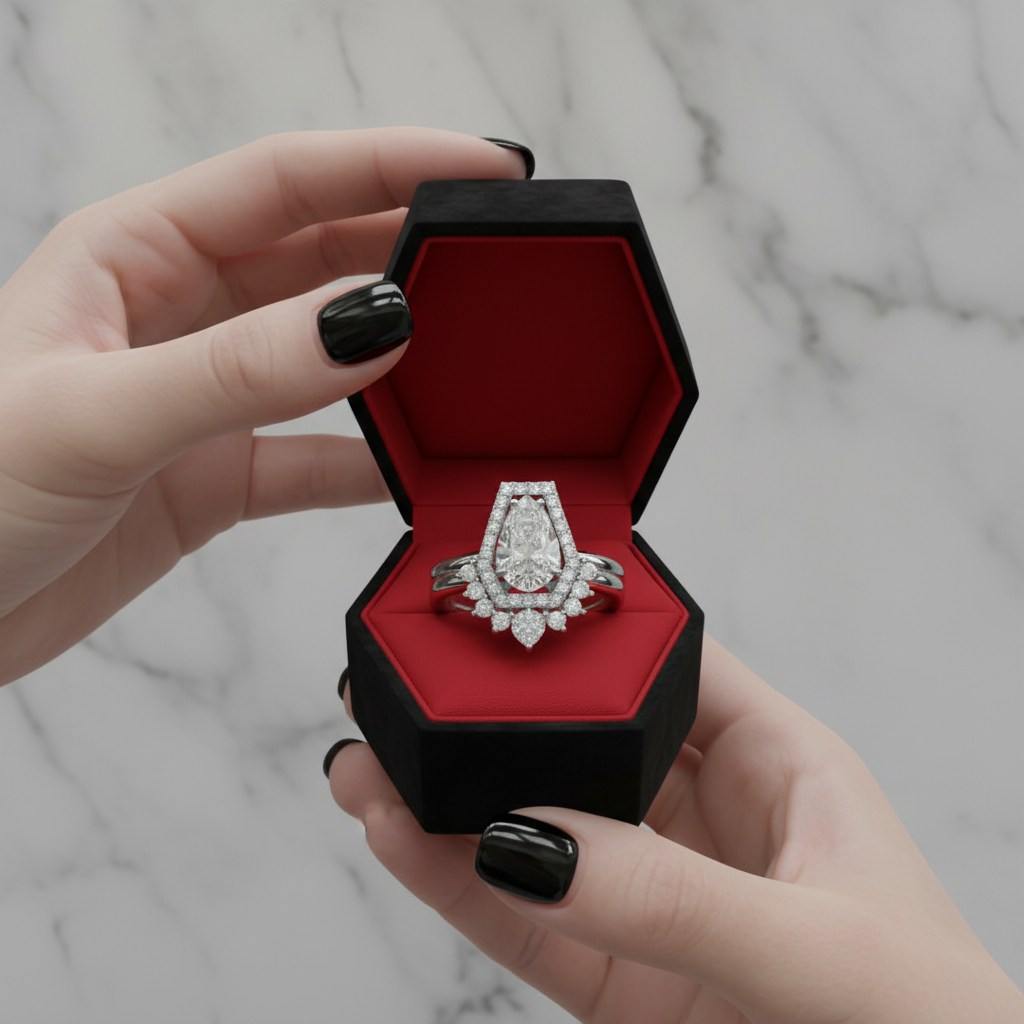 Faithfulness-1ct Black Pear Cut Diamond Option 14k White Gold Coffin Ring Set