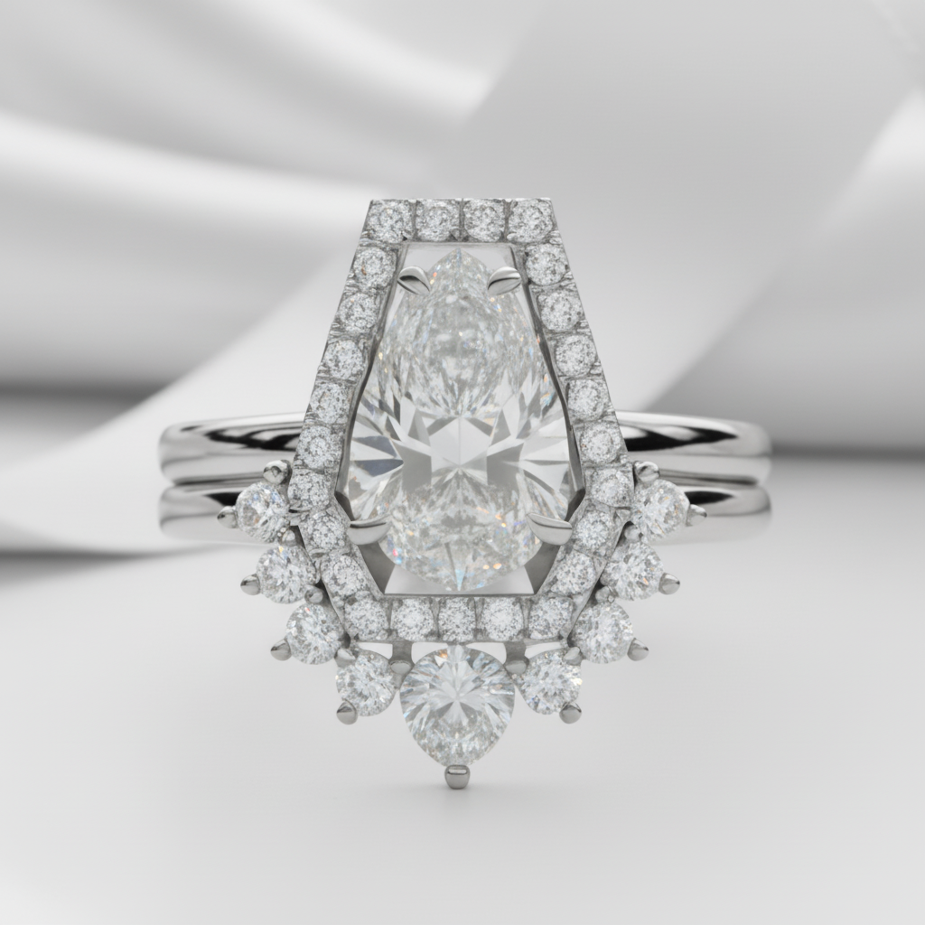 Faithfulness-1ct Black Pear Cut Diamond Option 14k White Gold Coffin Ring Set