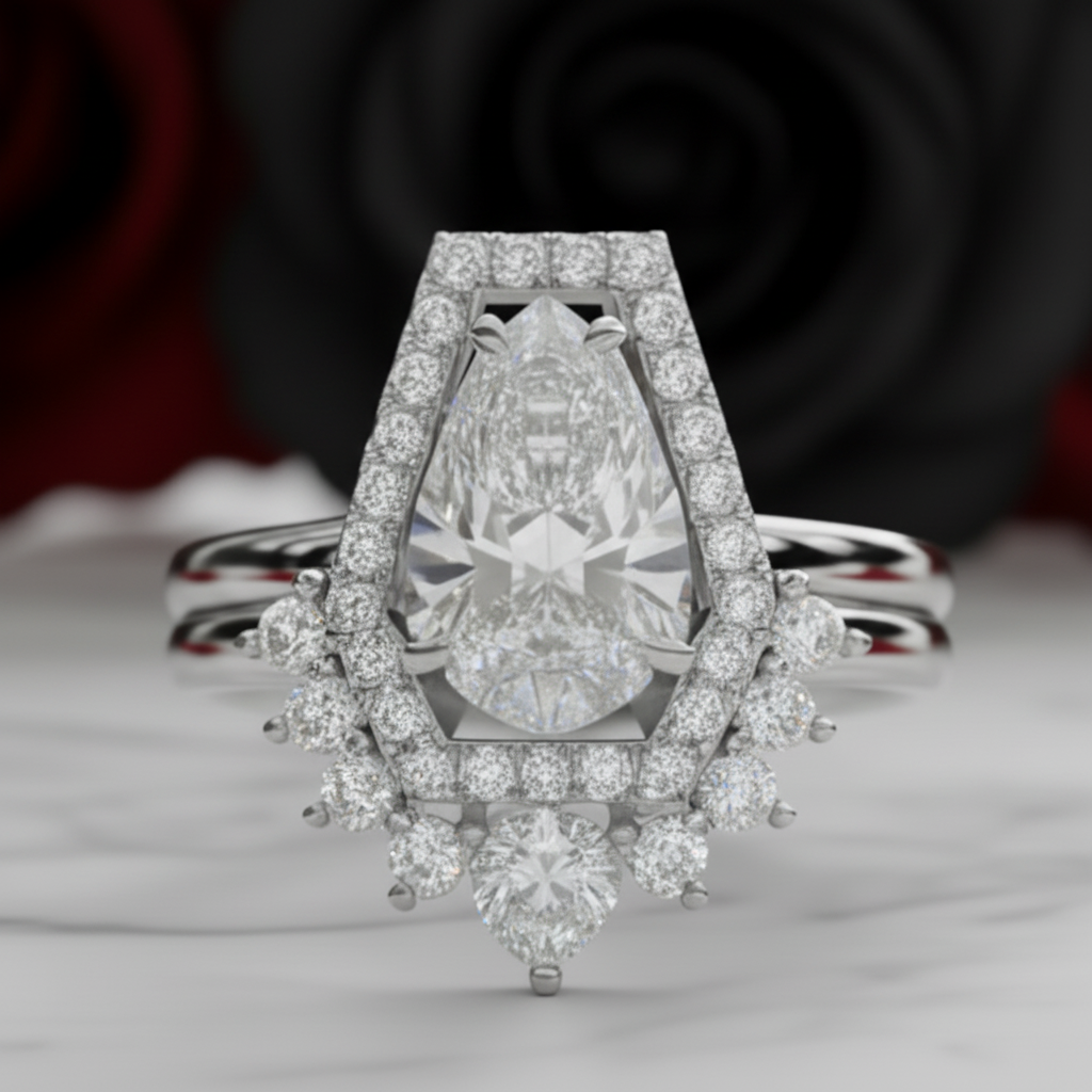 Faithfulness-1ct Black Pear Cut Diamond Option 14k White Gold Coffin Ring Set