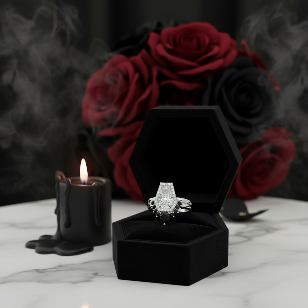 Faithfulness-1ct Black Pear Cut Diamond Option 14k White Gold Coffin Ring Set