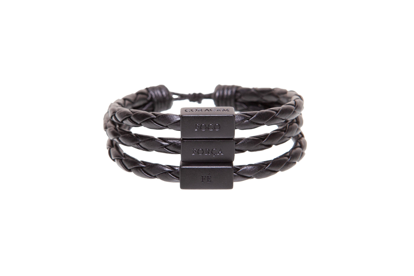 Men's Bracelet Black Leather Silver Adjustable with words of Focus, Strength, Faith, & Courage in Portuguese - CLEARANCE / FINAL SALES