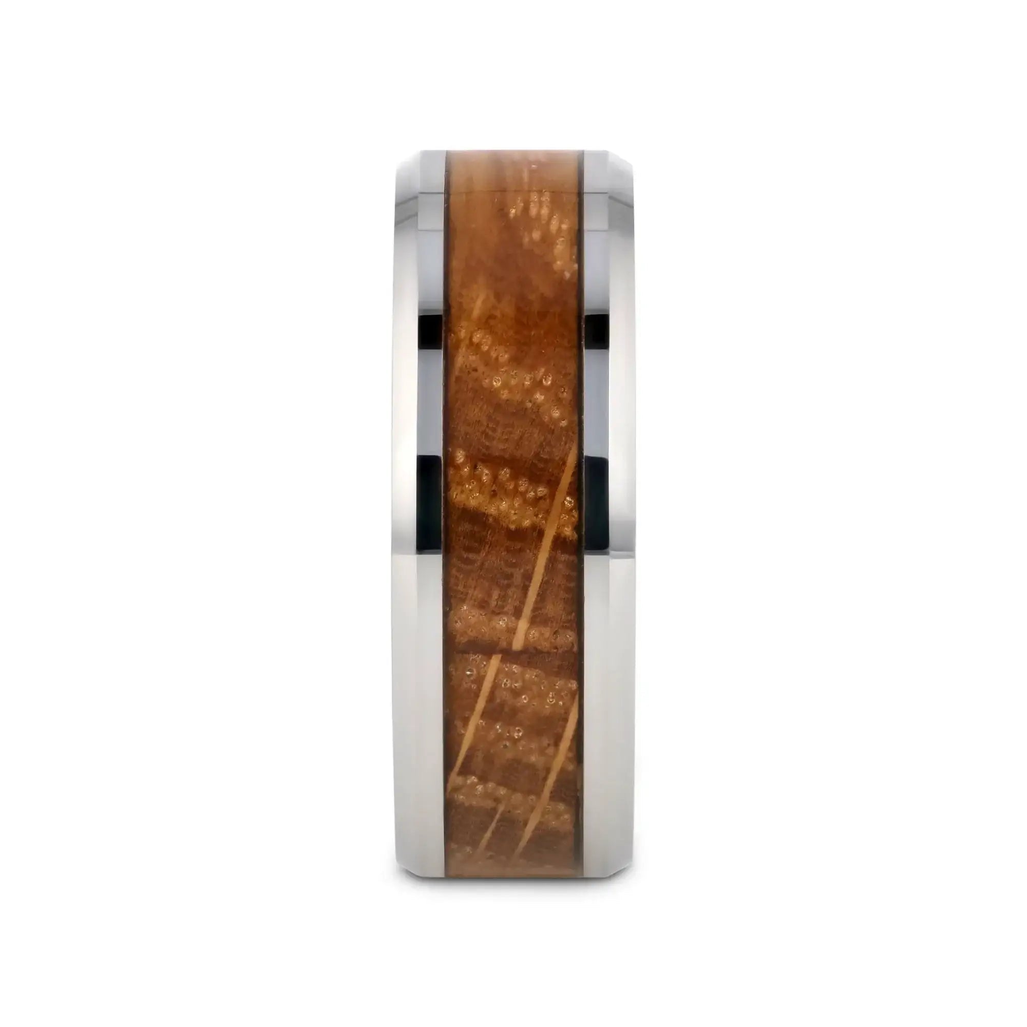 DISTILLED Whiskey Barrel Inlaid Tungsten Men's Wedding Band With Beveled Polished Edges Made From Genuine Whiskey Barrels - 8mm