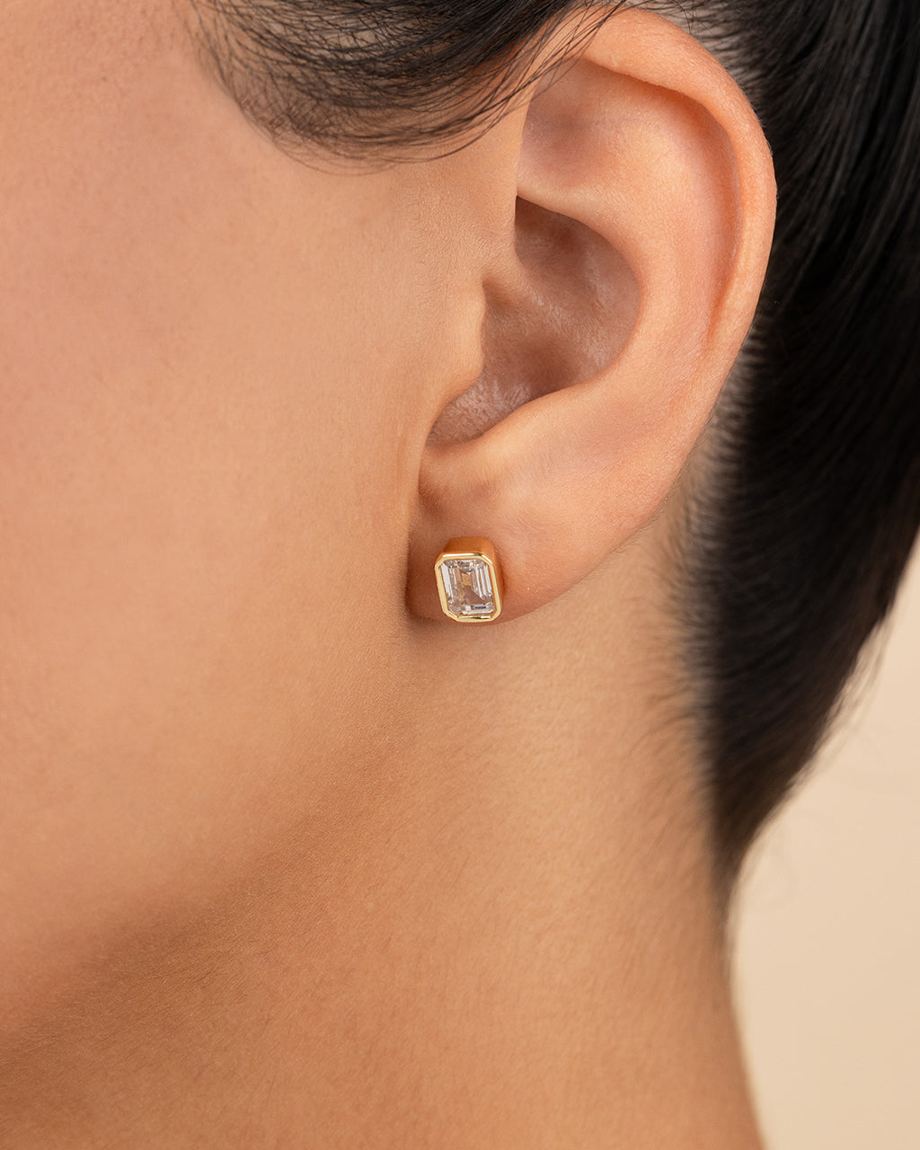 Sterling Silver Emerald Cut Bezel Set Stud Earrings
