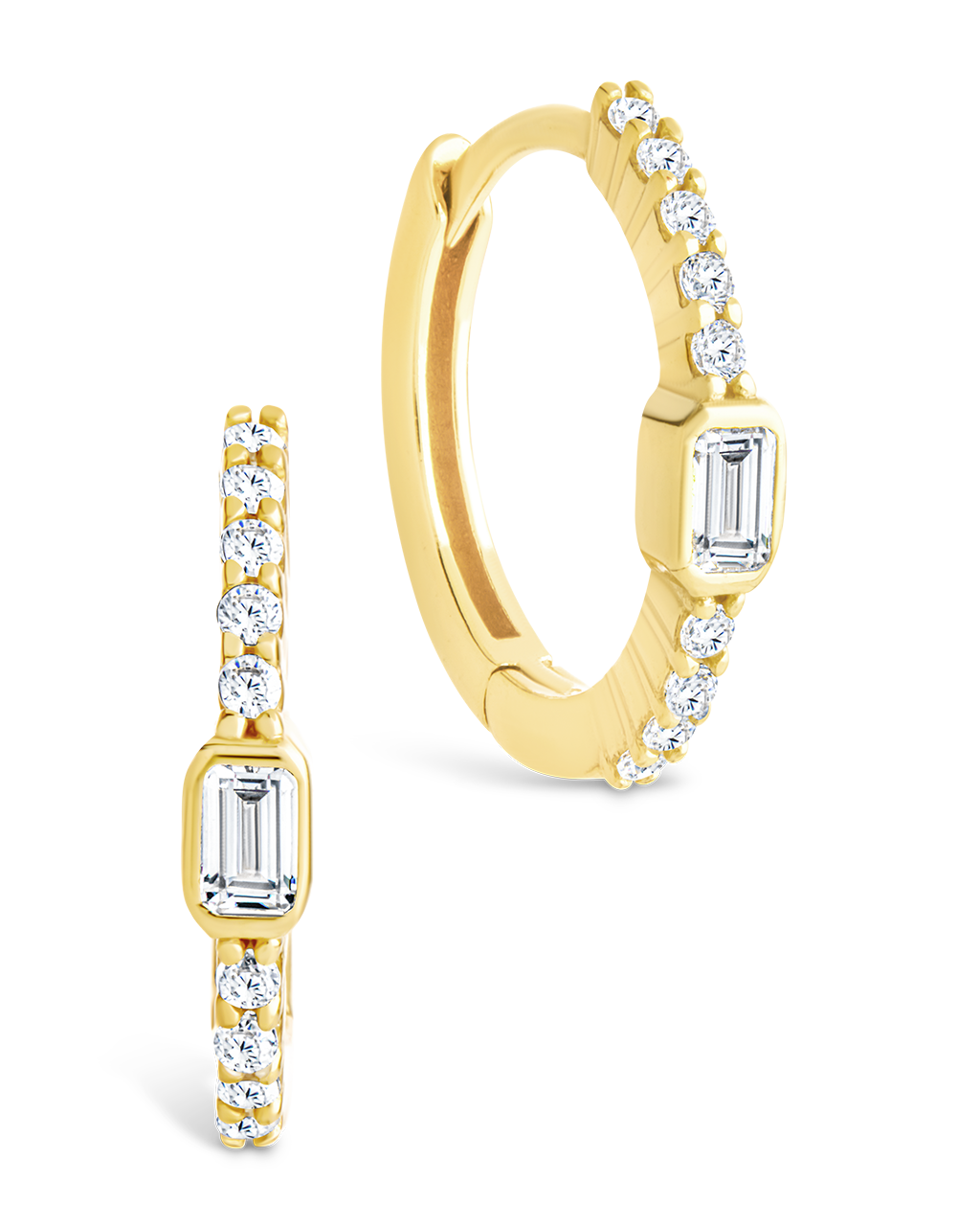 Sterling Silver Emerald Cut Bezel Set Huggie Hoop Earrings