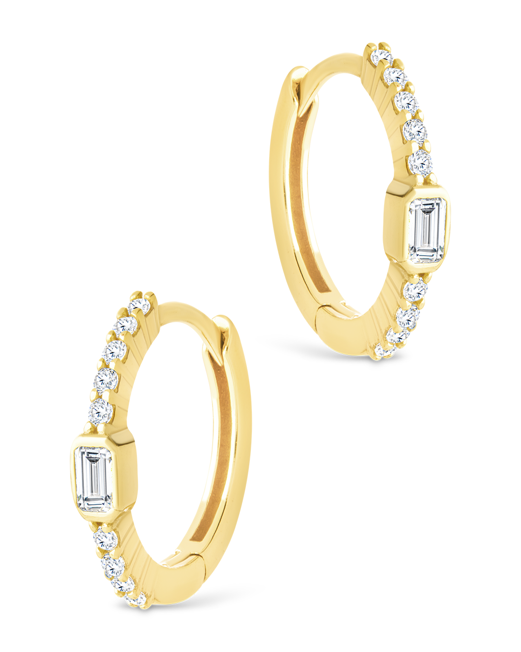 Sterling Silver Emerald Cut Bezel Set Huggie Hoop Earrings