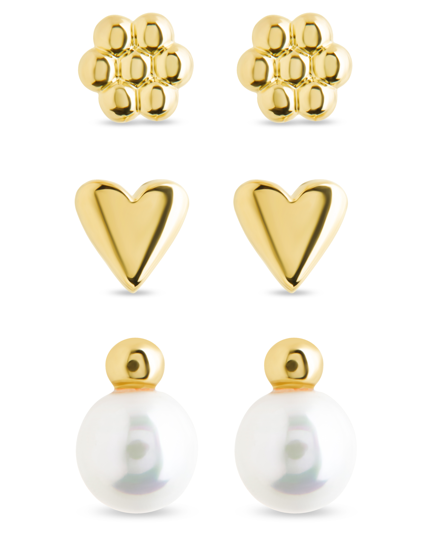 Sterling Silver Irene Pearl, Flower, & Heart Stud Earring Set of 3
