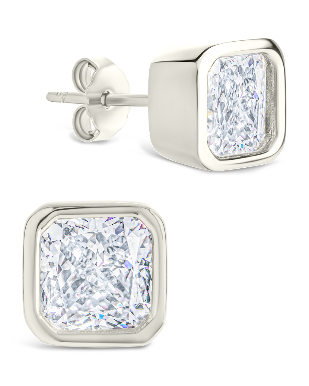 Sterling Silver Asscher Cut Bezel Set Stud Earrings