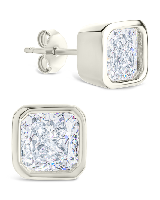 Sterling Silver Asscher Cut Bezel Set Stud Earrings