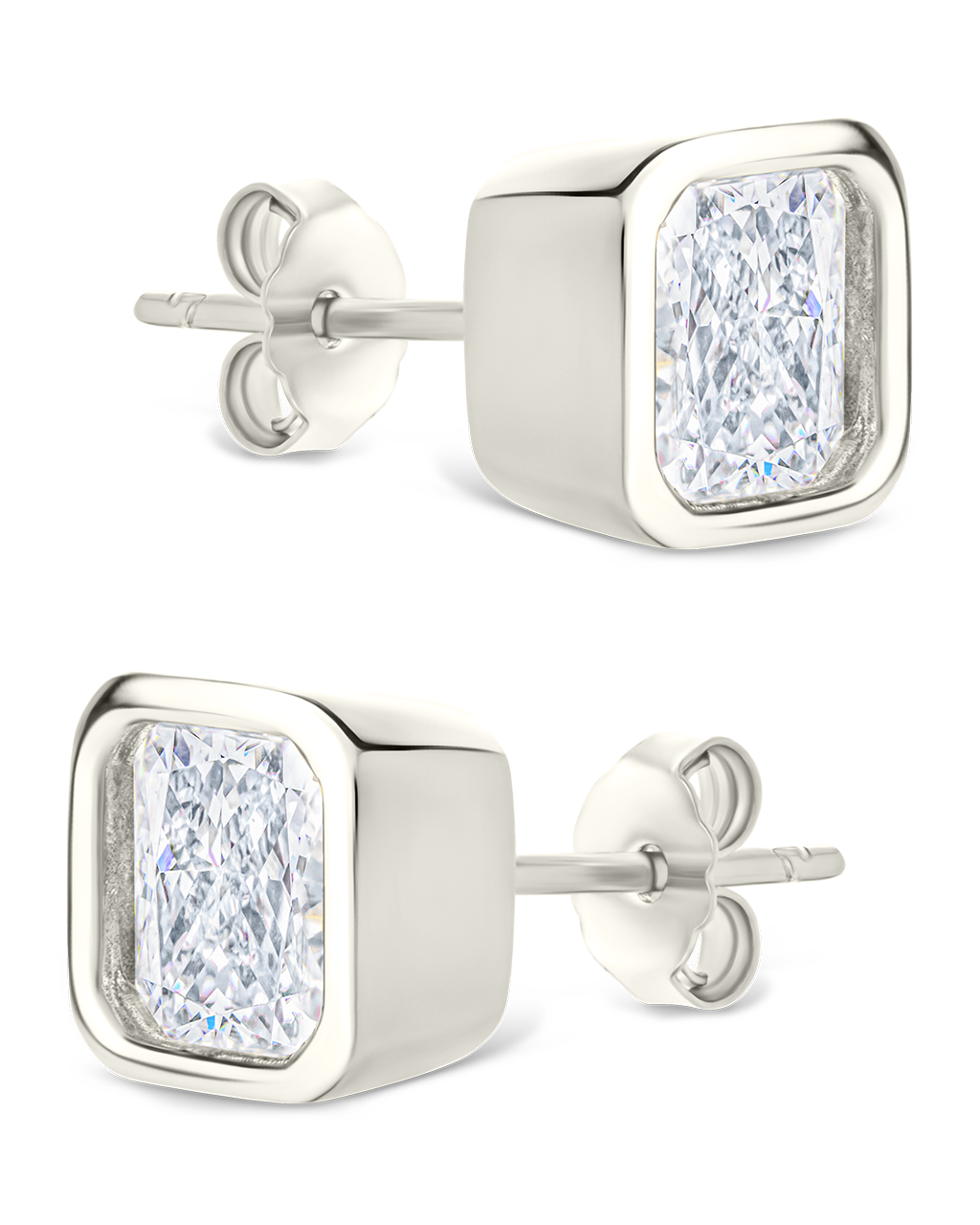 Sterling Silver Asscher Cut Bezel Set Stud Earrings