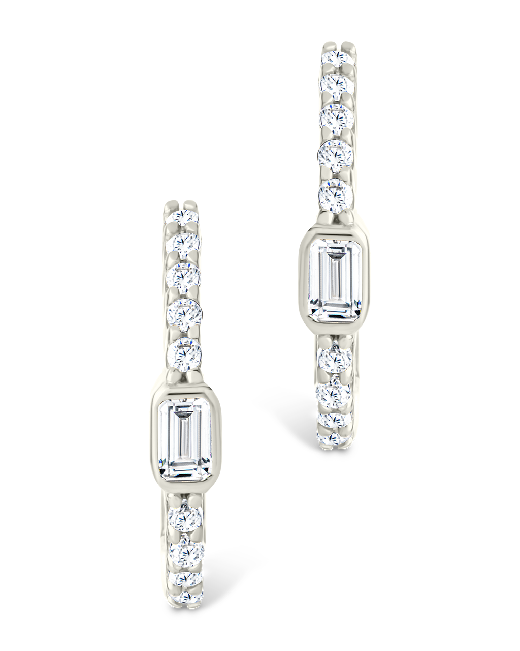 Sterling Silver Emerald Cut Bezel Set Huggie Hoop Earrings