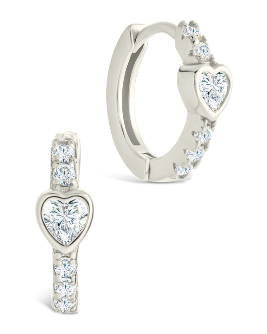 Sterling Silver Heart Cut Bezel Set Huggie Hoop Earrings