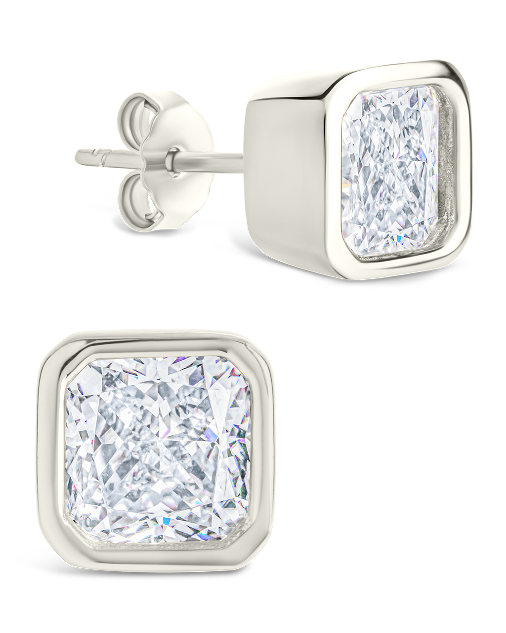 Sterling Silver Radiant Cut Bezel Set Stud Earrings