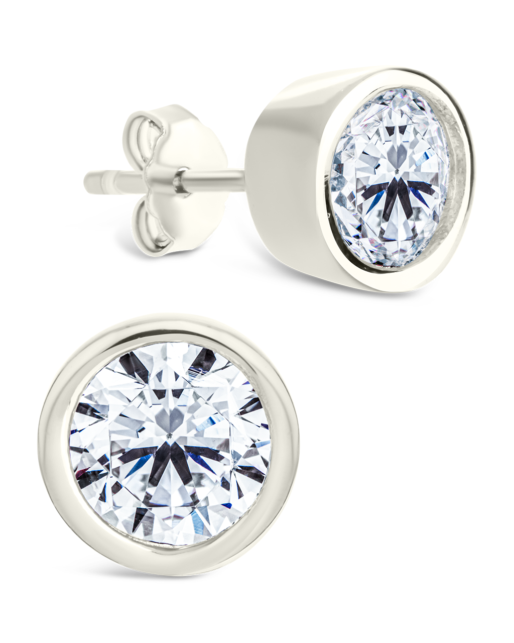 Sterling Silver Round Cut Bezel Set Stud Earrings