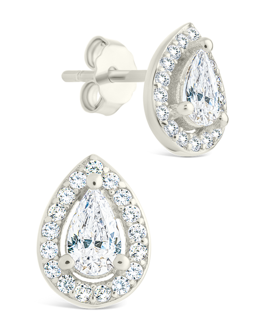 Sterling Silver Pear Cut Brilliant Halo Studs
