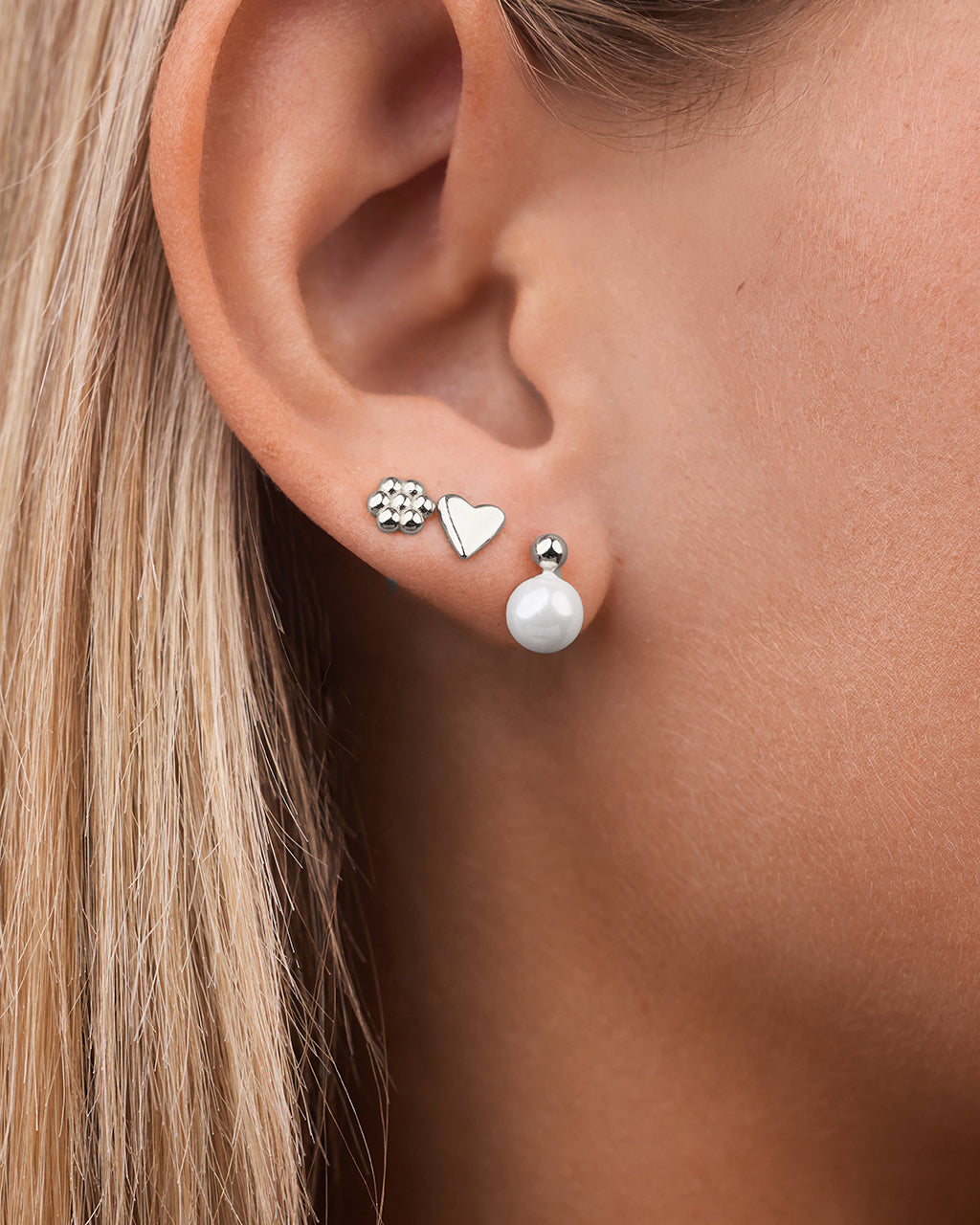 Sterling Silver Irene Pearl, Flower, & Heart Stud Earring Set of 3