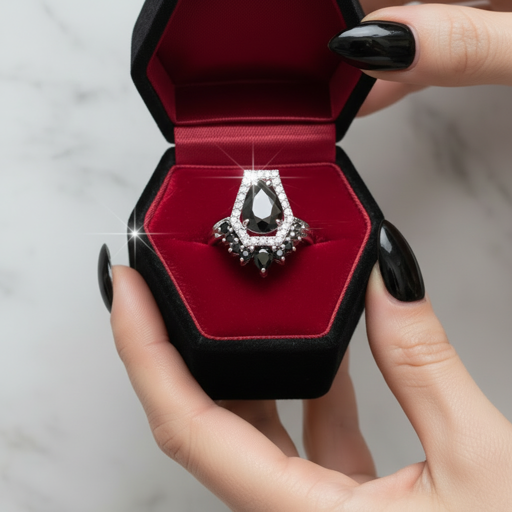 Faithfulness-1ct Black Pear Cut Diamond Option 14k White Gold Coffin Ring Set