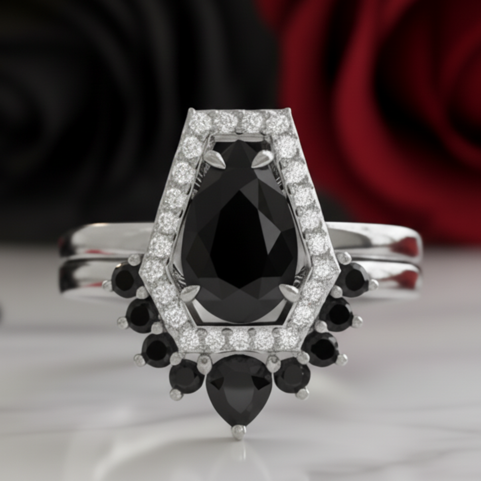 Faithfulness-1ct Black Pear Cut Diamond Option 14k White Gold Coffin Ring Set