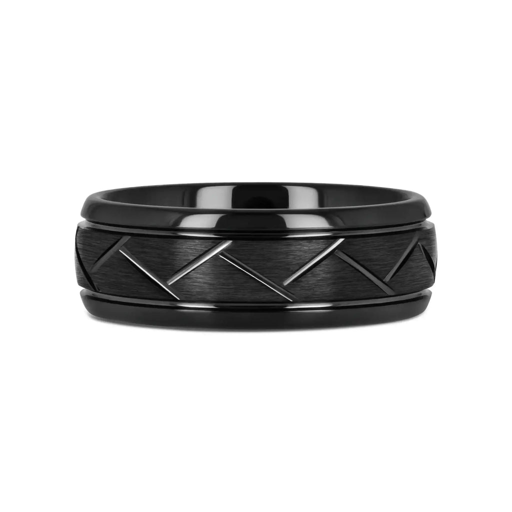 ENIGMA Domed Black Tungsten Ring with Brushed Cross Alternating Diagonal Cuts Pattern – 8mm