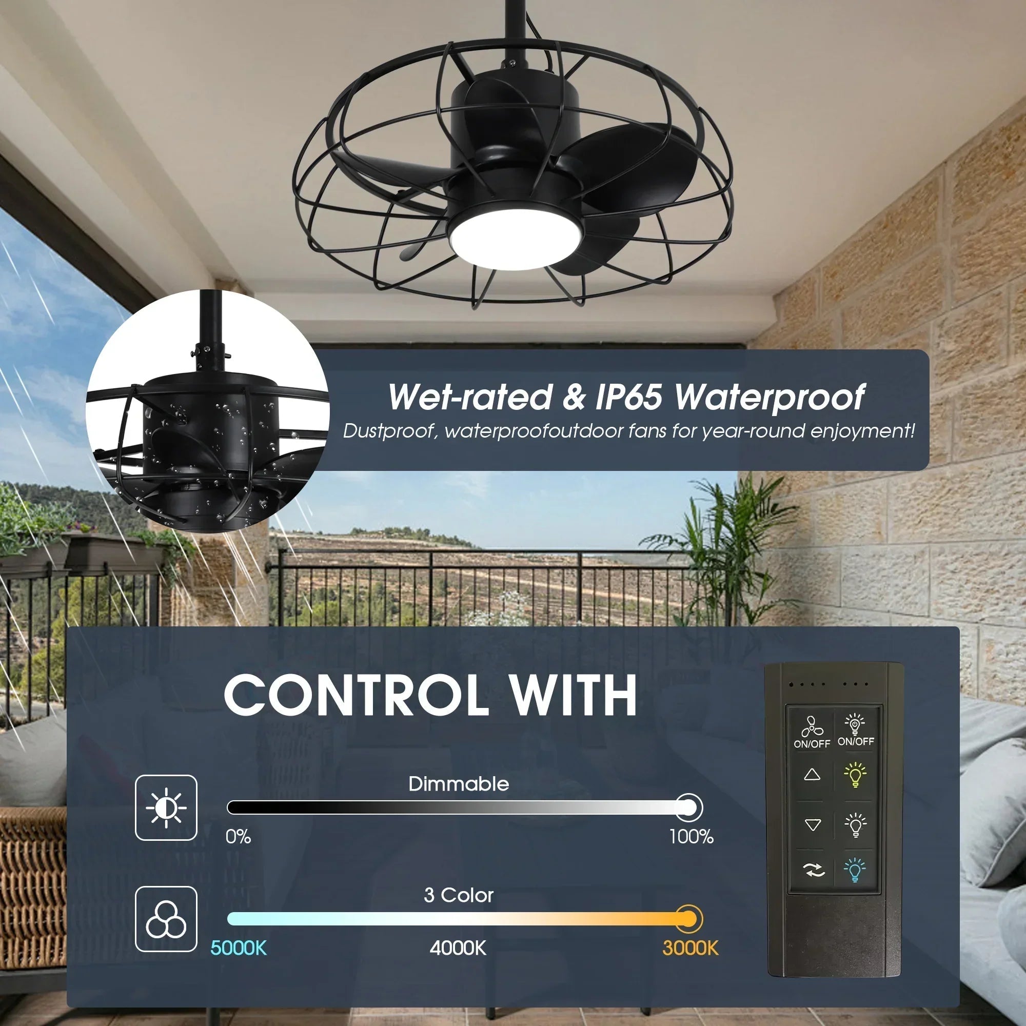 20 Inch Vistula Outdoor DC Motor Black Industrial Hanging Buckle Downrod Ceiling Fan with Light
