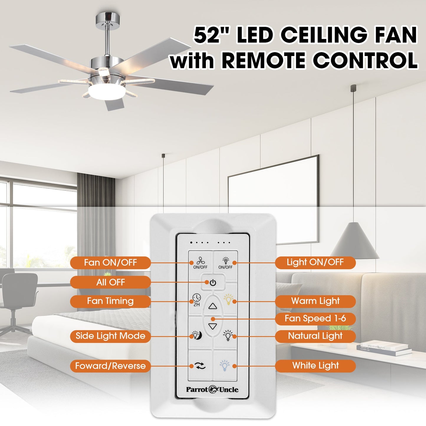 52 Inch Double-sided Blades Modern Downrod Mount Ceiling Fan with Main/Side LED Light