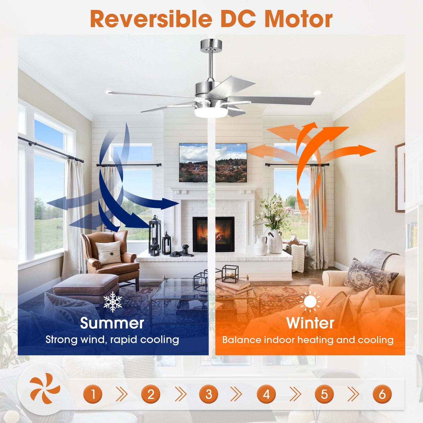 52 Inch Double-sided Blades Modern Downrod Mount Ceiling Fan with Main/Side LED Light