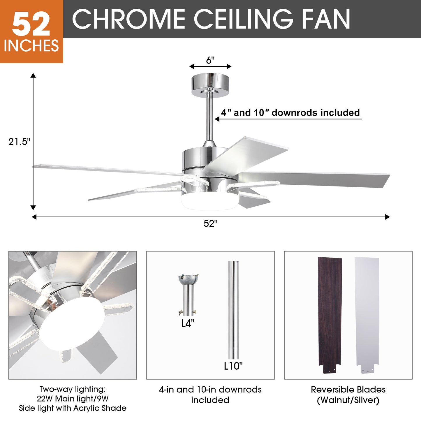 52 Inch Double-sided Blades Modern Downrod Mount Ceiling Fan with Main/Side LED Light