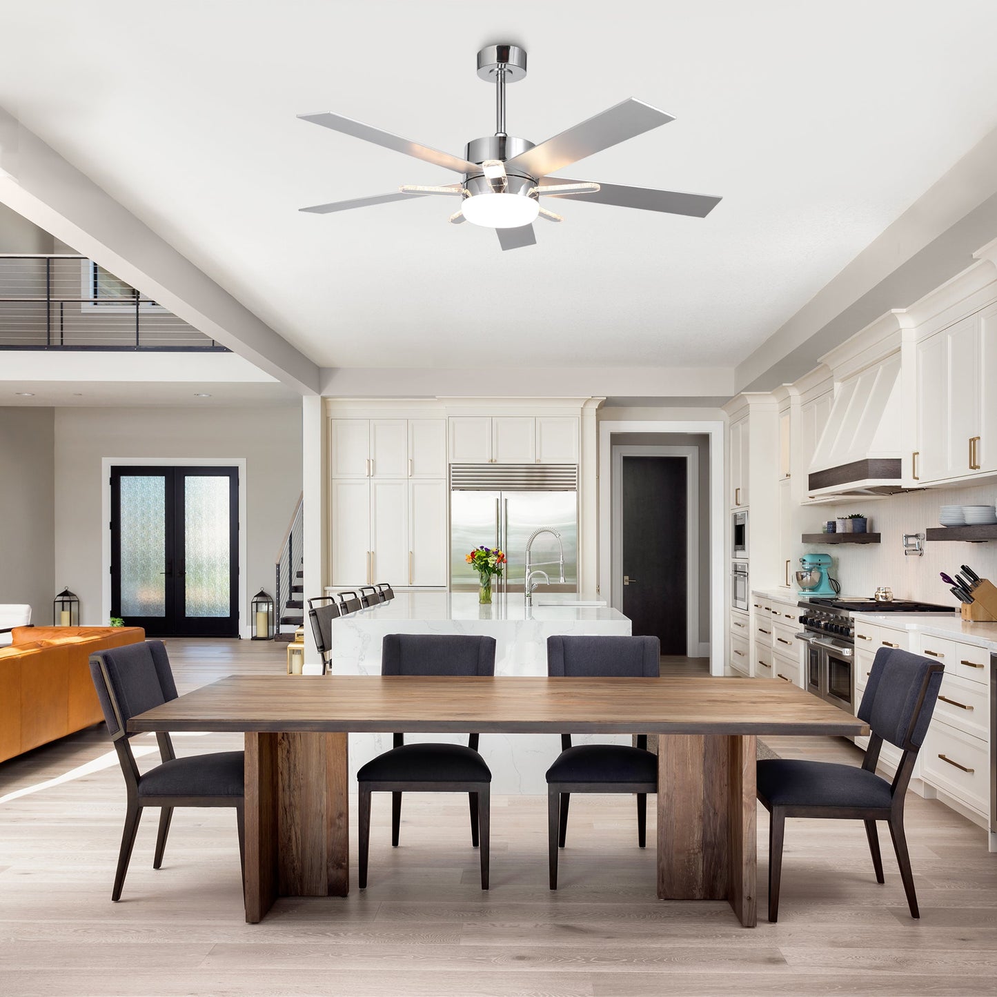 52 Inch Double-sided Blades Modern Downrod Mount Ceiling Fan with Main/Side LED Light