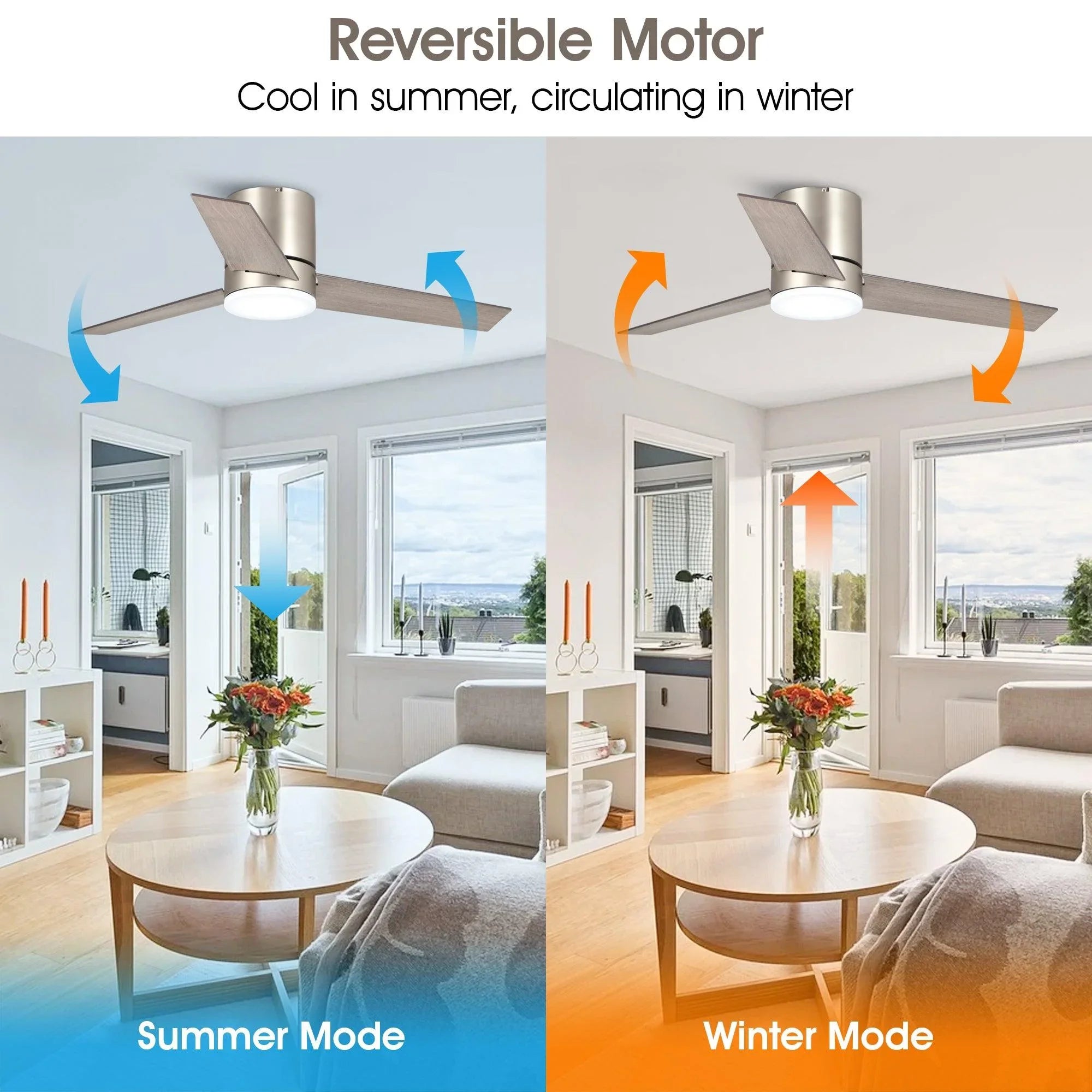 48" Satin Nickel Flush Mount Low Profile Ceiling Fan with LED Lighting