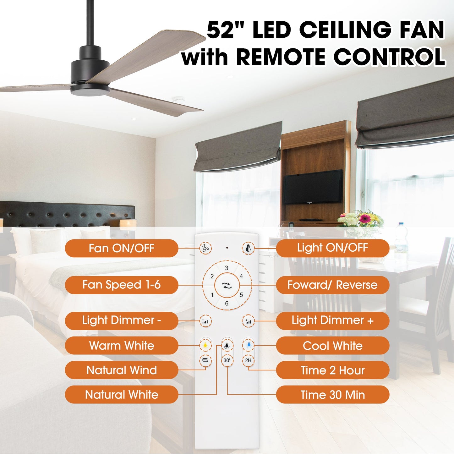 52 Inch Esther 3-Blades Modern Downrod Mount Ceiling Fan with Remote Control