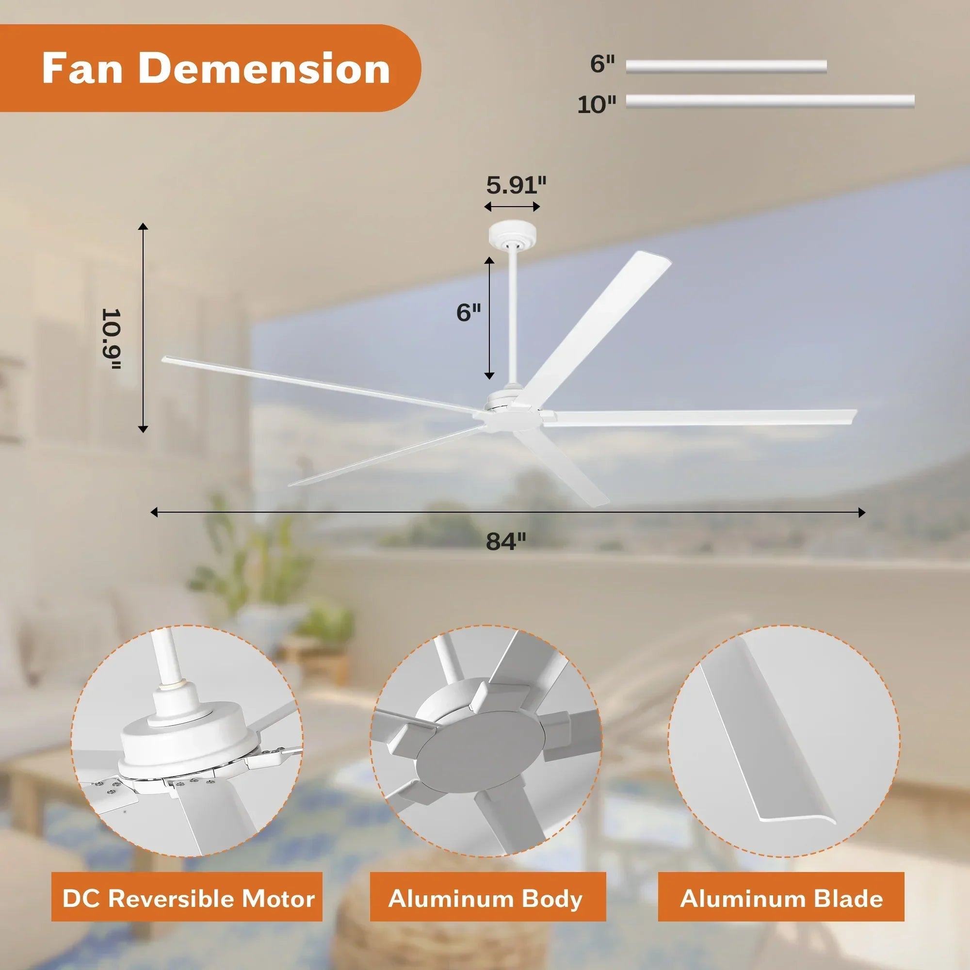 72 Inch 84 Inch Winni IPX4 Outdoor Downrod Mount Ceiling Fan with Remote Control