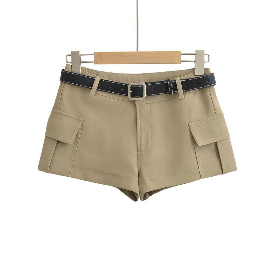 Sexy non-stretch low-waist with belt solid color shorts