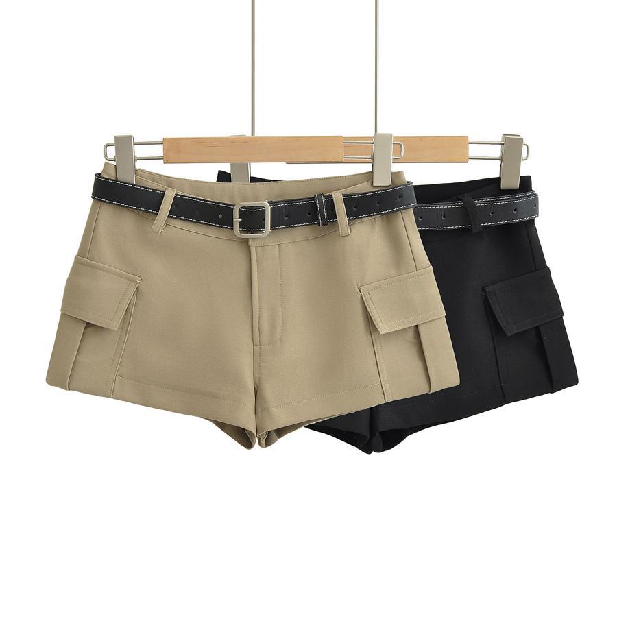 Sexy non-stretch low-waist with belt solid color shorts