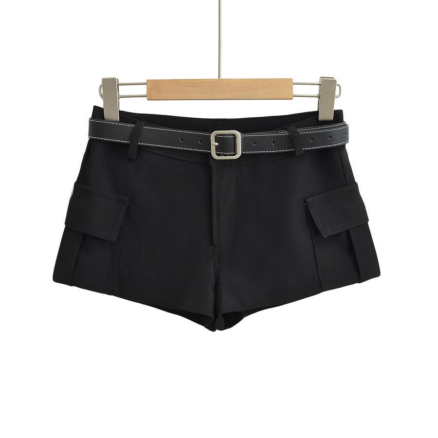 Sexy non-stretch low-waist with belt solid color shorts