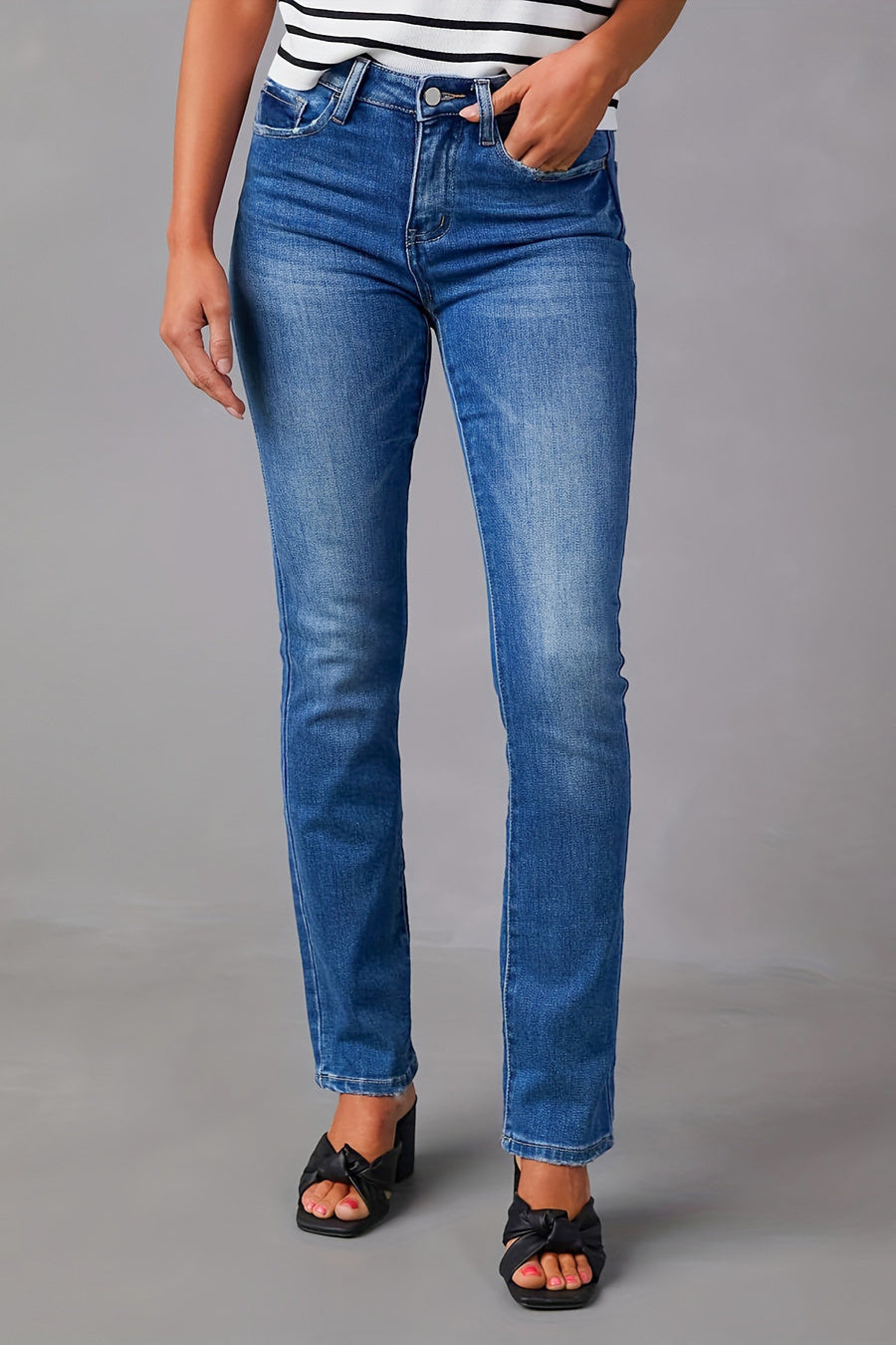 Casual non-stretch pocket button high waist slim jeans