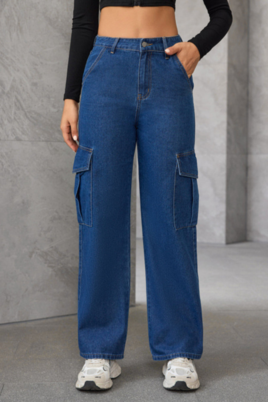 Stylish non-stretch high waist pocket cargo straight jeans