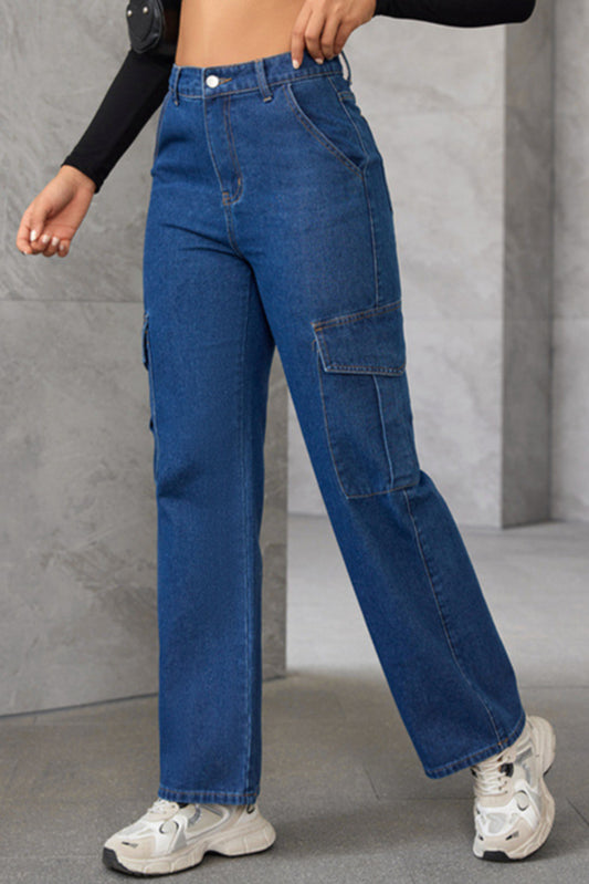 Stylish non-stretch high waist pocket cargo straight jeans