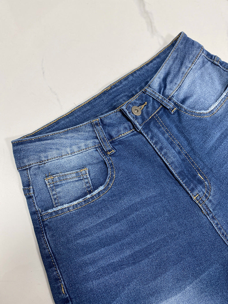 Stylish medium stretch patchwork high-waist wide-leg jeans