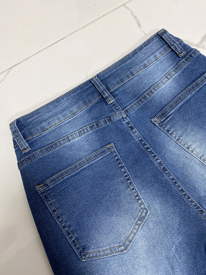 Stylish medium stretch patchwork high-waist wide-leg jeans