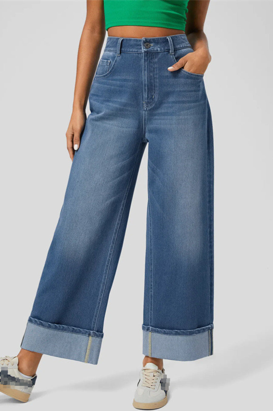 Stylish medium stretch patchwork high-waist wide-leg jeans