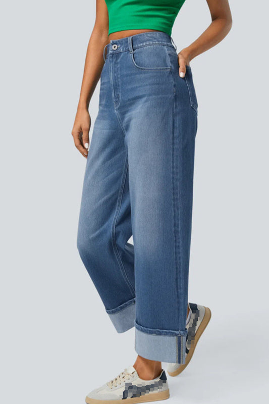 Stylish medium stretch patchwork high-waist wide-leg jeans