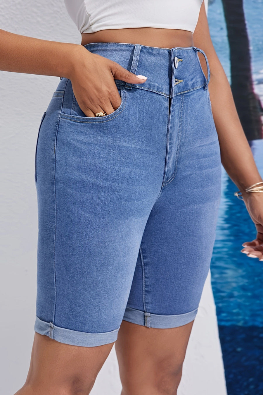 Stylish slight stretch high waist all-match denim shorts