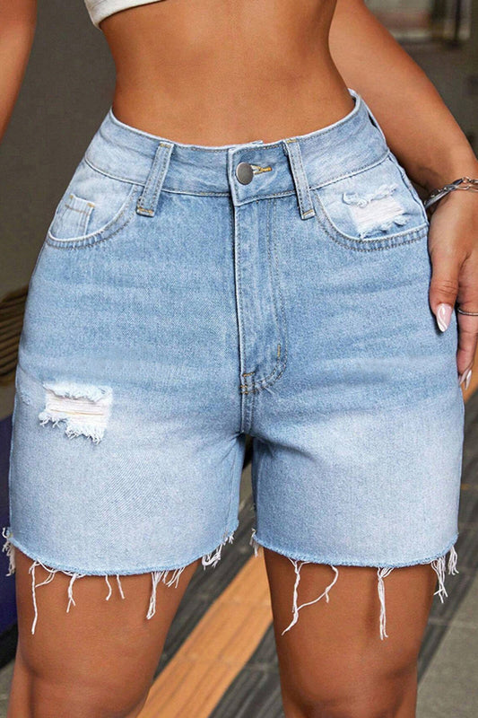 Stylish slight stretch raw hem all-match ripped denim shorts