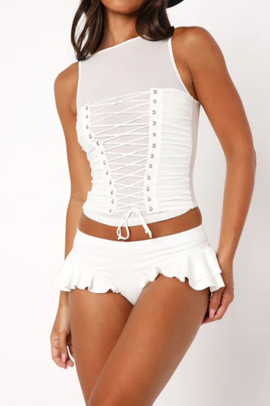 Sexy slight stretch low waist solid color ruffled all-match hot shorts