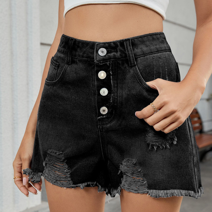 Stylish non-stretch hole single-breasted denim shorts