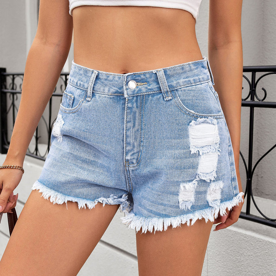 Stylish non-stretch 3 colors hole mid waist denim shorts